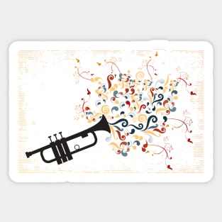 Black trumpet with colorful swirls and floral elements Sticker